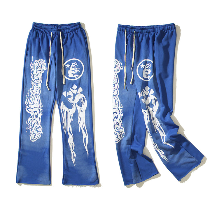 Hellstar Studios blue retro mud print old sports casual trousers flared pants sweatpants